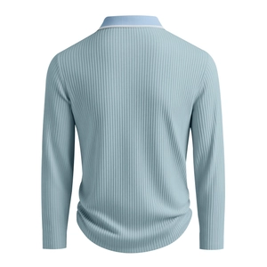 Detail view of the back of a light blue long-sleeved polo shirt with vertical ribbed texture