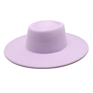 Detailed close-up of light purple wool felt wide brim boater hat with a flat top design