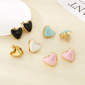Colorful enamel heart stud earrings with gold frames in turquoise and pink marble finish