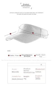 Detailed specifications and dimensions for a breathable cotton sun visor hat with measurements.