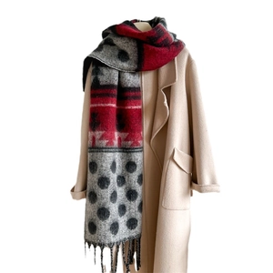 Ethnic geometric dot scarf with red, grey and black patterns and fringe tassels