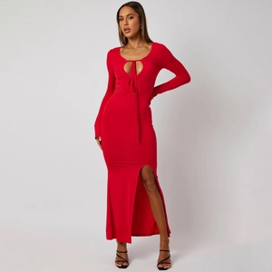Sexy Long Sleeve Maxi Dress For Women Hollow Out Lace Up Slim Fit High Slit Knit Solid Color Evening Party Gown