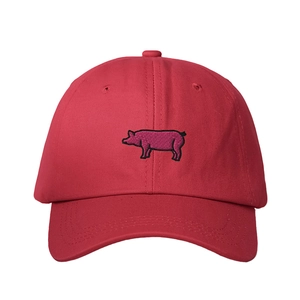 Red baseball cap with pink pig embroidery and adjustable strap for outdoor sun protection