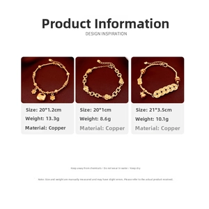 Size chart showing 24K gold plated bracelet dimensions, weights, and copper material specs
