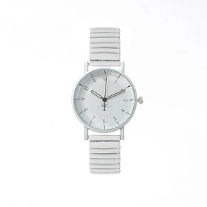 Orologio al quarzo bianco minimalista da donna con cassa argento e cinturino elastico
