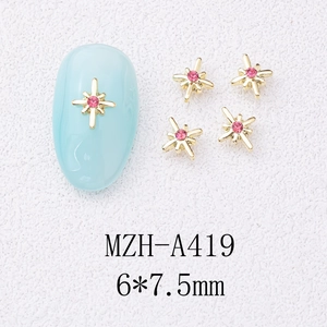 Macro detail of gold cross star nail charms with pink zircon and 6x7.5mm size guide