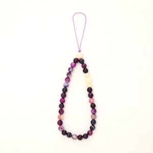 Elegant purple crystal agate beaded phone strap with natural stone textures on white background