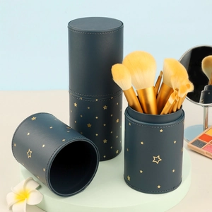 Make-up borstelset met blauwe PU-lederen houder en gouden sterrenpatroon voor op reis