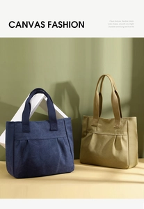 Detailed texture of thick canvas tote bags in navy and olive with pleat design