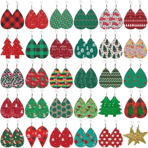 30 pairs of Christmas faux leather earrings with teardrop, tree, and star shapes