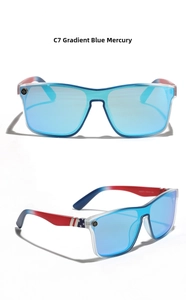 Detail of gradient blue mirror lenses and US flag pattern on sport sunglasses arms