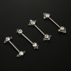 Set of four silver stainless steel tongue rings featuring clear zircon stones and metal beads