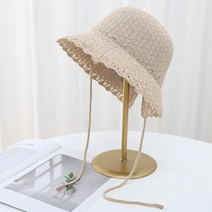 Women Knitted Bucket Hat With Lace-up Bow Wavy Lace Edge Hollow Out Sunshade Breathable Summer Beach Sun Hat