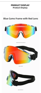 Three-angle view of blue patterned ski goggles with red-yellow gradient lens and foam padding
