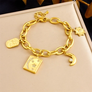 Bracelet En Acier Inoxydable Plaqué Or Étoile Lune Pendentifs Célestes Strass Bijou De Charme Pour Femmes