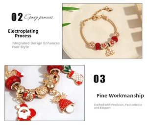 Detailed view of Christmas charm bracelet with Santa, reindeer and red gift pendants