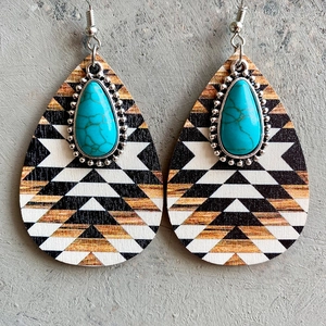 Bohemian teardrop earrings with turquoise stones and geometric wood patterns