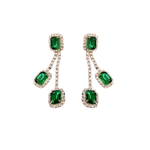 Vintage emerald square earrings with silver tassels and sparkling crystal accents