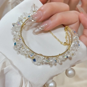 Bracciale Rigido Vintage Francese Con Frammenti Di Cristallo Geometrici Lega Dorata Con Perla Artificial Stile Vacanza