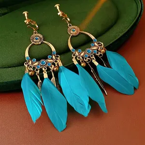 Boucles D'oreilles Bohèmes À Franges En Plumes Vintage Ethnique Alliage Goutte Avec Perles Et Clou En Argent Sterling 925 Pour Femmes