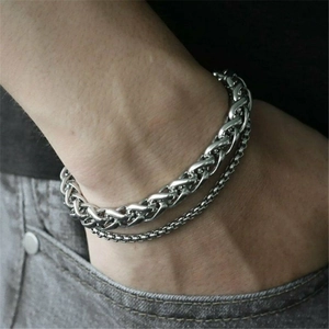 Men Double Layer Bracelet Titanium Steel Vintage Silver Wheat Box Chain Punk Hip Hop Jewelry For Unisex