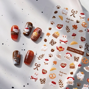 Autumn Theme 5D Relief Nail Stickers Cartoon Rabbit Bear Maple Leaf Adhesive 3D Nail Decals Manicure DIY