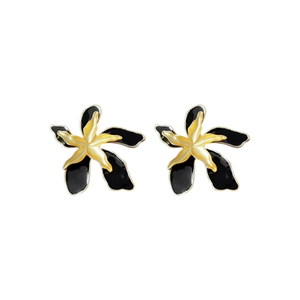 Vintage gold and black double-layered flower earrings with a polished enamel finish
