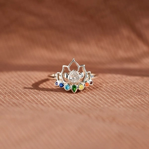Macro detail of S925 silver lotus ring with colorful rainbow zircons and teardrop center