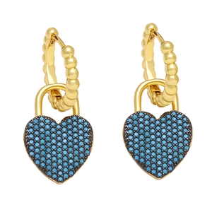 Fashionable gold heart lock earrings with blue zircon pavé crystals for women