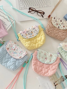 Kids Girls Quilted Gingham Crossbody Bag Cute Cartoon Animal Heart Pattern Camera Shoulder Bag With Braided Rope Strap