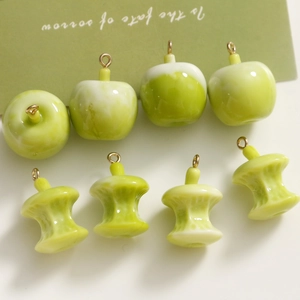 Green gradient resin apple and core charms with gold metal rings for DIY jewelry set
