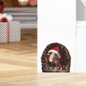 Detailed 3D Christmas mouse wall sticker showing a cute mouse in a stone hole decor