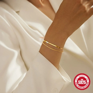 S925 sterling silver double-layer snake chain bracelet in gold for women