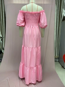 Detailed back view of pink tiered dress featuring elastic smocking and puff sleeves