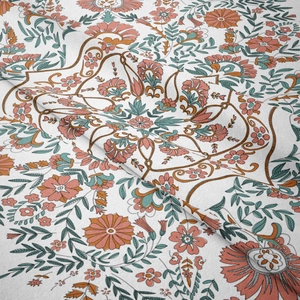 Detailed macro shot of floral bohemian tapestry showing soft textured fabric wrinkles