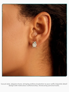 Detailed close-up of a luminous owl stud earring in S925 silver worn on the ear
