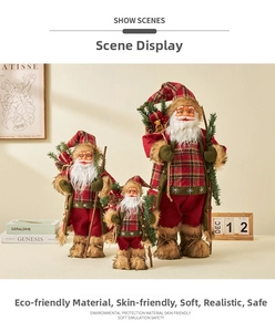 Three Santa Claus dolls in red plaid coats with fur trim shown in a warm home setting