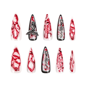 Extra long stiletto press on nails with red blood splatters and silver metallic charms