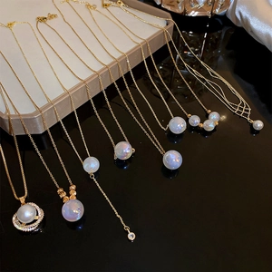 Stainless Steel Necklace Artificial Pearl Zircon Heart Fish Tail Pendant Clavicle Chain Jewelry For Women Elegant Light Luxury Style