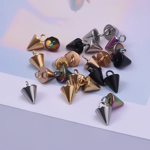 Conical stainless steel necklace pendants in gold, silver, black, and rainbow finishes