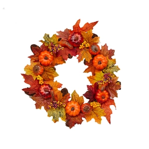 Autumn wreath with pumpkins berries maple leaves and pinecones on white background
