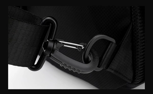 Detailed close-up of a durable black nylon strap with a high-quality plastic swivel hook