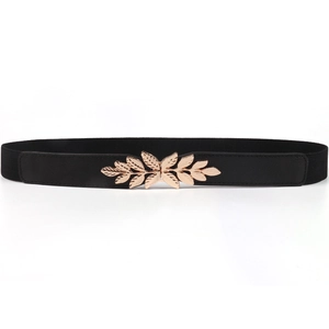 Elastic black waist belt for women with elegant golden leaf shaped metal buckle closure