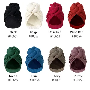 Eight colors of knotted knit turbans featuring a large twist design on a white background