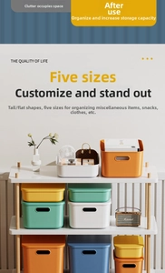 Modern matte storage bins in diverse colors and sizes displayed on wooden shelves