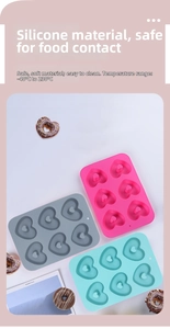 Detail of 6-cavity heart shaped silicone donut molds in macaron colors for baking