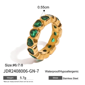 Detail of gold stainless steel ring featuring a heart-shaped green gemstone with measurements