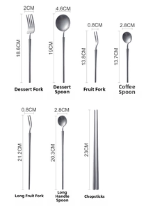 Detailed size guide for silver vintage 304 stainless steel cutlery set with measurements
