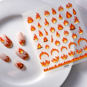 3D flame nail stickers TS-224 with red orange fire designs and realistic nail tips