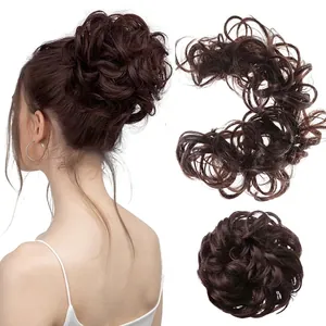 Detail showing dark brown messy bun hairpiece texture and natural synthetic fiber curls